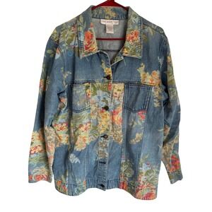 Susan Graver Style Womens Large Floral Denim Jacket Botanical Blue Cotton Boho